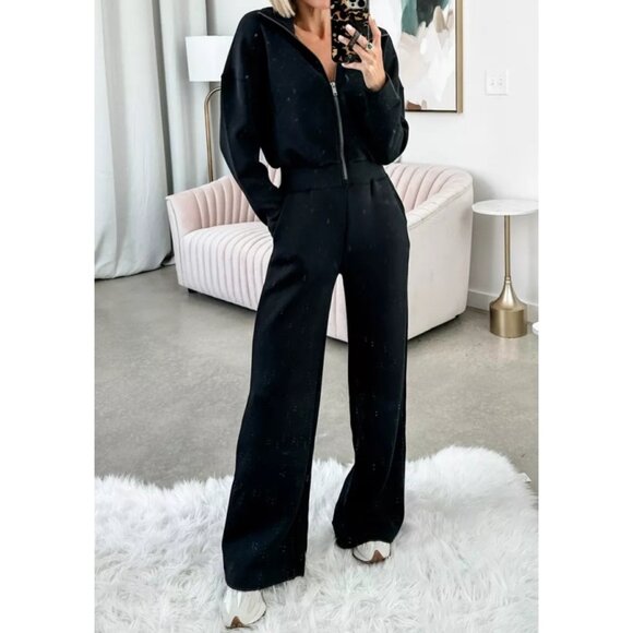 Spanx AirEssentials Long Sleeve Wide Leg Jumpsuit Black Zip-Up V-Neck Romper LP - Picture 6 of 13